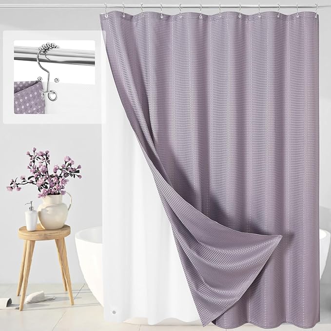 3 in 1 Shower Curtain Set, Purple Waffle Shower Curtain and PEVA Liner Set with 12 Stainless Steel Shower Curtain Hooks, Lavender Waterproof Fabric Shower Curtains for Bathroom, 72 W x 72 H
