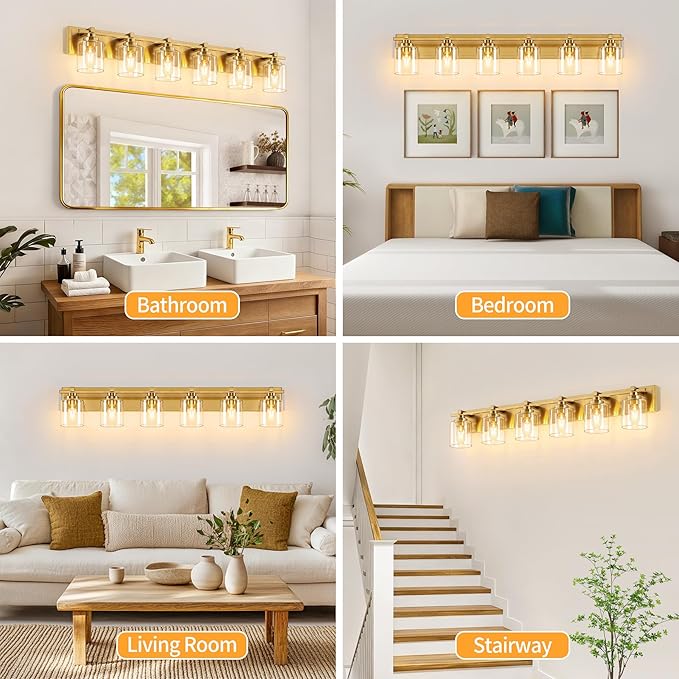 6 Light Modern Bathroom Light Fixtures Over Mirror, Brass Finish Vanity Lights for Bathroom Wall Sconces with Clear Glass Shades, E26 Socket (Bulbs Not Included)