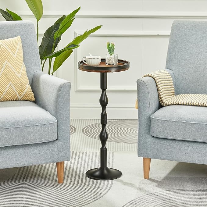 Small Round Drink Table,Pedestal Tables,Small Round Side Table for Narrow Spaces,End Table for Living Room, Bedroom, Bathroom,Balcony (Rustic Brown)