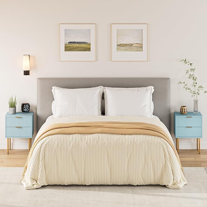 Masupu Night Stand,Mid-Century Modern Bedside Table with 2 Storage Drawer,Small Gold Frame Side End Table for Bedroom,Living Room, Blue