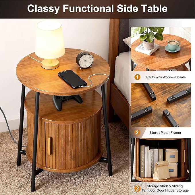 End Tables Set of 2 & Charging Station, Fluted Accent Side Table with Sliding Door, Mid-Century Modern Nightstand Set of 2 for Small Space, Living Room, Bedroom Sofa Couch (2, Yellow Walnut)