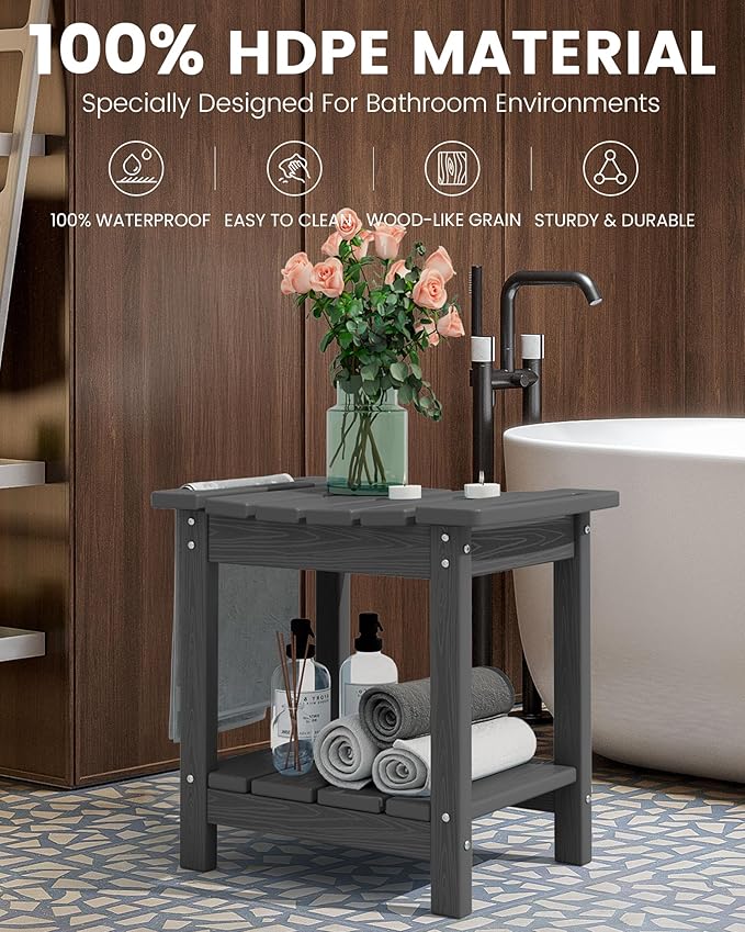 SERWALL Shower Bench, 18" Shower Stool for Inside Shower, HDPE Waterproof Shower Seats for Adults with Storage Shelf & Handles, 360 lbs Capacity- Gray