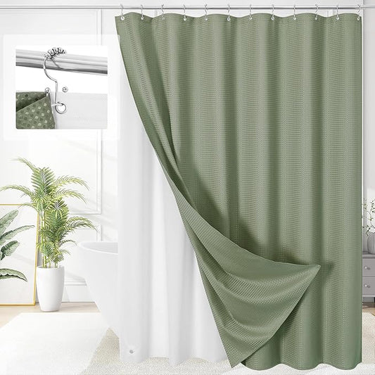 3 in 1 Extra Long Shower Curtain Set-72 W x 84 H, Sage Green Waffle and PEVA Liner Set with 12 Stainless Steel Hooks, Waterproof Fabric for Bathroom