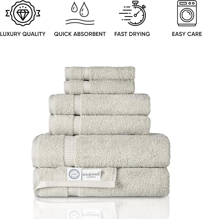 SALBAKOS 100% Turkish Cotton 6-Piece Towel Set | Heirloom Quality Hotel & Spa Collection | Soft, Super Absorbent 2 Washcloth, 2 Hand, 2 Bath Towel Sets | Made in Turkey (Stone, 6 Piece Towel Set)