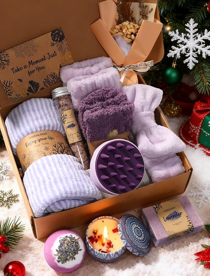 Coralogo Lavender Spa Gift Baskets - Natural Pampering Spa Set, Self-Care Get Well Soon Basket,Thank You Gifts, Unique 11pcs Gift Set for Birthday Christmas Valentines Day Mothers Day