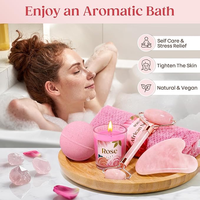 Gua Sha & Jade Roller Facial Tools Gifts Set - Self Care Spa & Bath Gift Baskets for Women, Christmas, White Elephant, Birthday, Valentines Day Gifts for Women, Her, Wife, Mom, Teen Girls