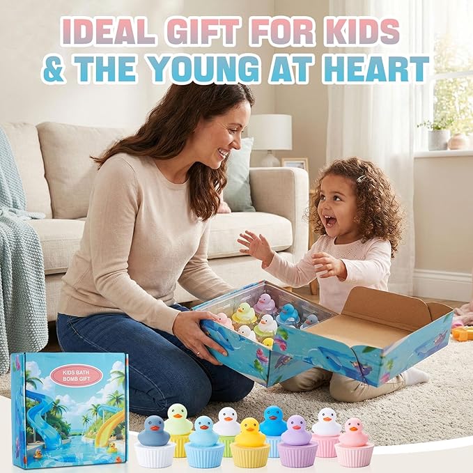 JET LAG 9PCS Cute Duck Bath Bombs for Kids, Handmade Fizzies Bathbombs for Women, Natural & Kids Friendly - Cupcake Gift Set for Birthday Christmas Easter Valentine's Day