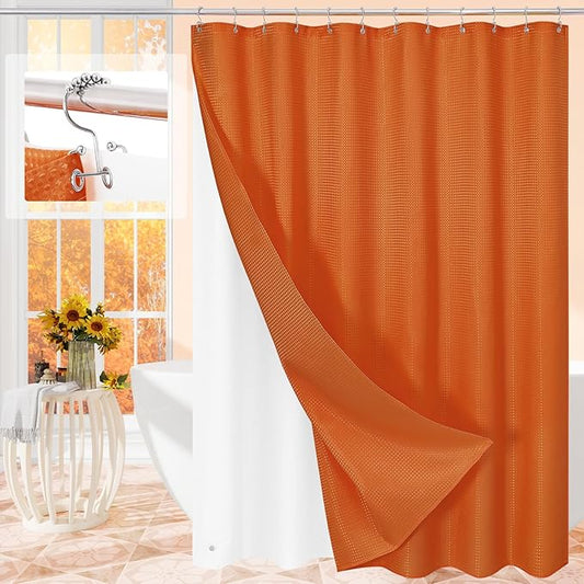 3 in 1 Extra Long Burnt Orange Shower Curtain Set-72 W x 84 H, Modern Waffle and PEVA Liner Set with 12 Stainless Steel Hooks, Waterproof Fabric for Bathroom