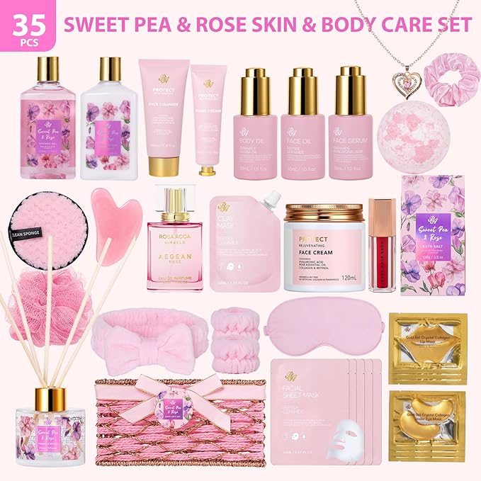 35 Pcs Christmas Gift for Women, Rose Bath and Body Gift Basket, Facial Skin Care Set, Self Care Pampering Kit, Face Sheet Mask, Home Spa Pack, Perfume, Birthday, Valentines, Mother Day, Bridal Shower