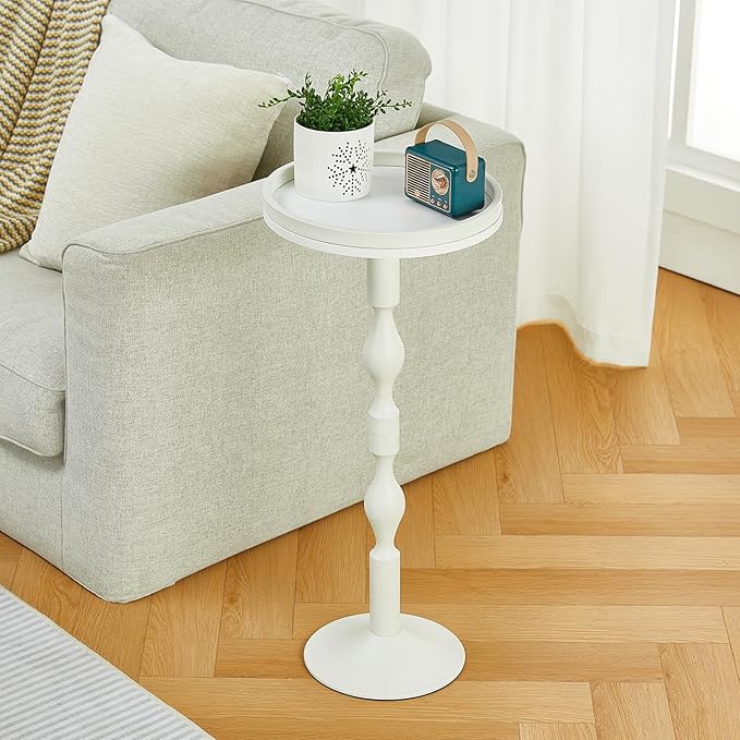 Small Round Drink Table,Pedestal Tables,Small Round Side Table for Narrow Spaces,End Table for Living Room, Bedroom, Bathroom,Balcony (White)