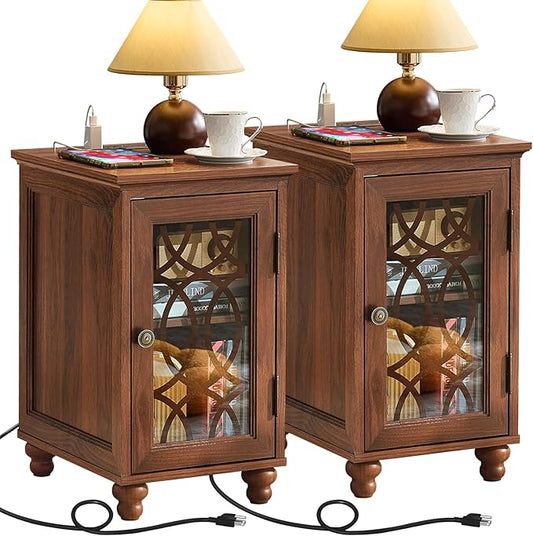Narrow Side Table with Charging Station Set of 2, Night Stand with Glass Door,Bedside End Tables with Adjustable Shelf Storage Cabinet,Wood Nightstand for Small Spaces Living Room Bedroom