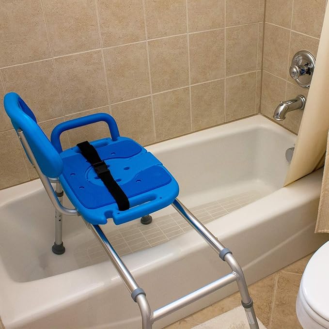 Platinum Health Sliding Shower Chair HydroGlyde Premium Heavy Duty, Padded Bathtub Transfer Bench with Cut Out Seat, for Bath Tub, Adjustable Legs, and Safety Belt, Quick Tool-Less Assembly, Blue