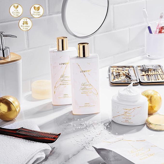 Christmas Gifts for Mom, Gift Basket, Spa Gifts For Women, 31Pc Self Care Kit, Stress Relief Gift, Birthday, Thank You, Honey Almond Bath and Body Gift - Toiletry Bag, Nail Kit, Bath Bombs & More