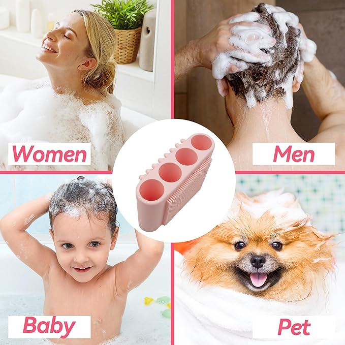 1PCS Silicone Body Scrubber Exfoliator- Bath Loofah & Sponges Alternative 4-Finger Non-Slip Grip Face & Scalp Scrubber for Sensitive Skin Body Brush for Men & Women (Pink)