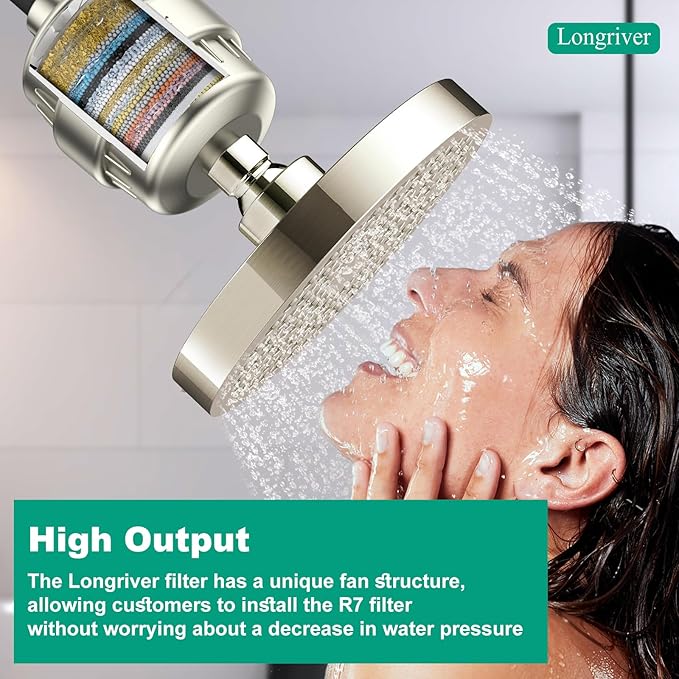R7 Shower Filter High Put Shower Water Filter for Hard Water 99.99% Remove Chlorine, Heavy Metals, Shower Water Softener, Improve your skin and hair, Bathroom Fixture Hardware Parts, Brushed Nickel