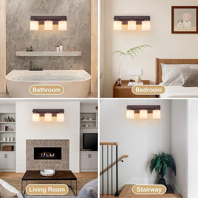 3 Light Modern Bathroom Light Fixtures Over Mirror, Bronze Finish Vanity Lights for Bathroom Wall Sconces with Milky White Glass Shades, E26 Socket (Bulbs Not Included)