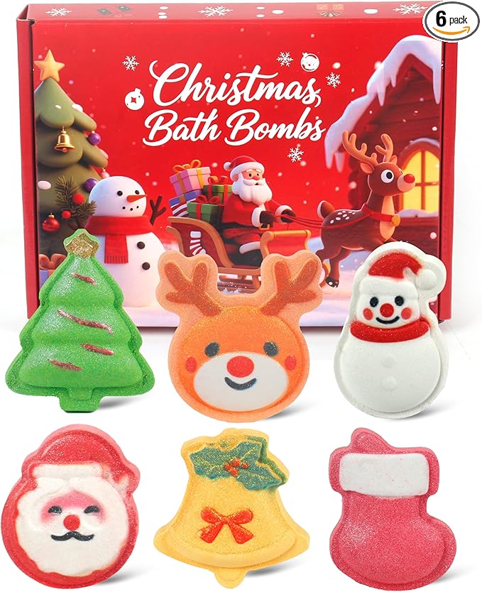 Christmas Bath Bombs for Kids & Women, Handmade Bath Bomb Gift Set of 6 Fun Shapes, Perfect Stocking Stuffers for Teen Girls & Boys, Skin Care Bathbombs as Christmas Gifts for Kids