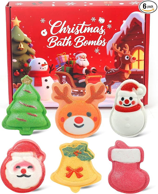 Christmas Bath Bombs for Kids & Women, Handmade Bath Bomb Gift Set of 6 Fun Shapes, Perfect Stocking Stuffers for Teen Girls & Boys, Skin Care Bathbombs as Christmas Gifts for Kids