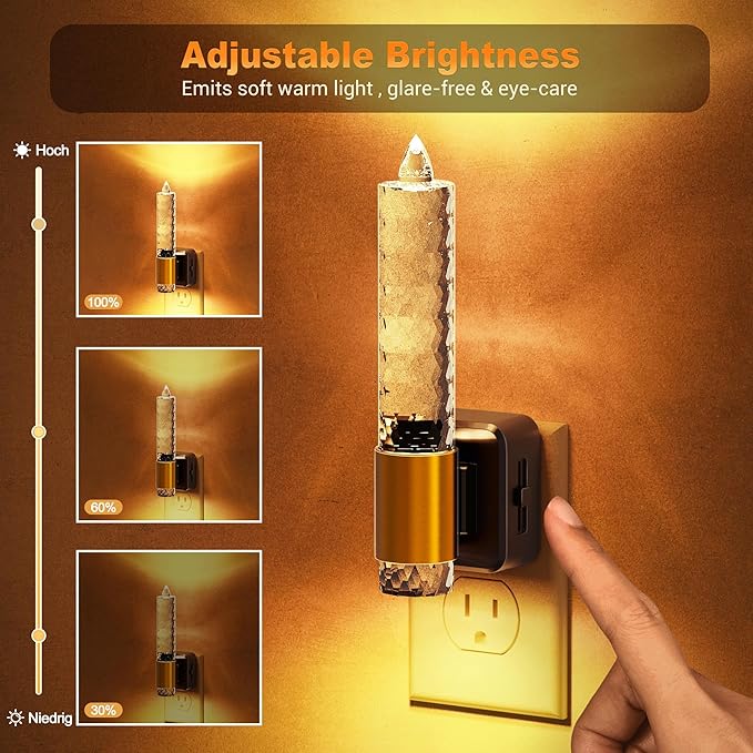 JandCase Night Light, Flameless Candle Amber Night Lights Plug into Wall, Auto On/Off Light Sensor LED Crystal Dimmable Nightlight, 0-100LM Decorative nite Light for Adults Bathroom Hallway, 1Pack
