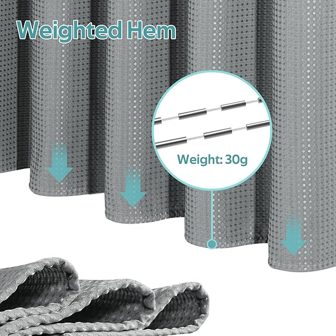 3 in 1 Shower Curtain Set, Waffle Shower Curtain and Liner Set with 6 Double Sided Shower Curtain Hooks, 258GSM Luxury Weighted Cloth Shower Curtains for Bathroom, 36 W x 72 H, Grey