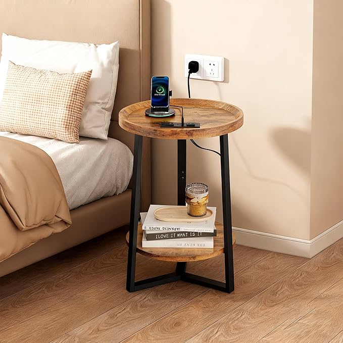 WLIVE Round End Table with Charging Station, 2 Tier Side Table for Living Room/Bedroom, Round Nightstand with Storage Shelf, Small Spaces, Wood Tabletop & Metal Frame, Rustic Brown
