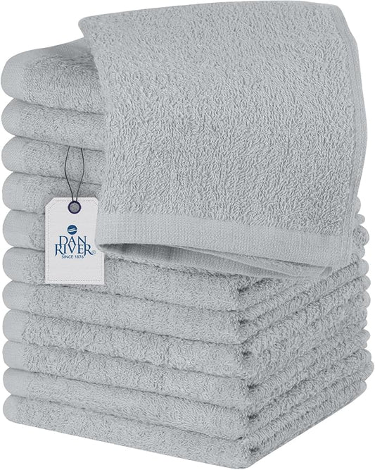 DAN RIVER 12 Pack Wash Cloths for Showering [12x12] - 100% Cotton Washcloths Premium Quality Flannel Face Cloths for Bathroom, Highly Absorbent and Soft Feel Wash Clothes, Silver