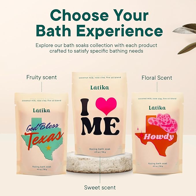 Latika Bath Soaks Set of 3 - Texas, Howdy, I Heart Me - Moisturizing Fizzing Bath Soak for Stress Relief & Muscle Recovery with Essential Oils, Epsom Salt & Natural Scents - Self-Care Spa Gift