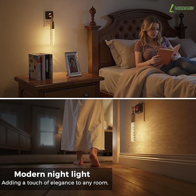 L LOHAS LED Night Lights Plug into Wall, 2 Pack Dimmable Night Light 0-100LM, Rotating Night Lights With Light Sensor, 3000K Soft Light, LED Acrylic Bubble Nightlight Plug in for Bathroom Hallway