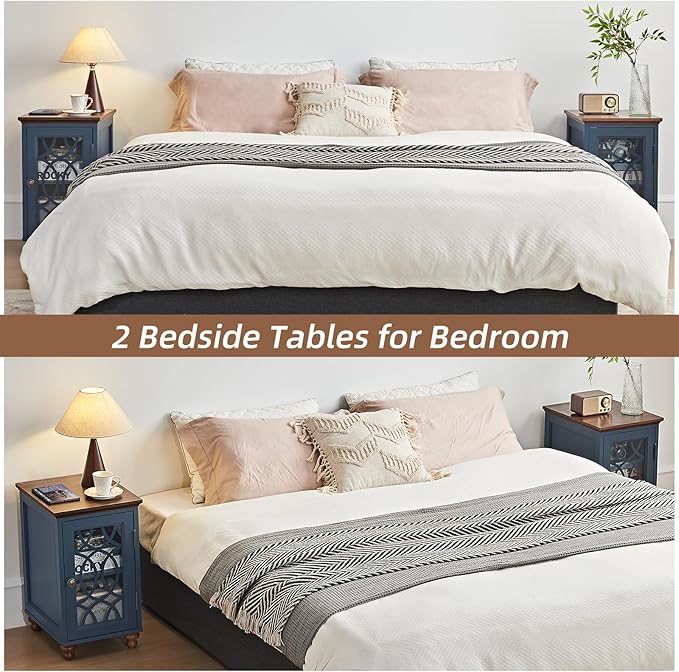 Narrow Side Table with Glass Door, 18 x 14'' Night Stand with Adjustable Shelf Storage Cabinet Organizer, Bedside End Tables Wood Nightstand for Small Spaces Living Room Bedroom