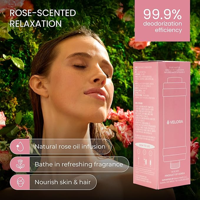 VELORA Vitamin C Shower Filter - Rose-Scented Aromatherapy Shower Water Filter and Softener - Universal Showerhead Bathroom Attachment - Replenish Dry Skin, Soften and Nourish Hair