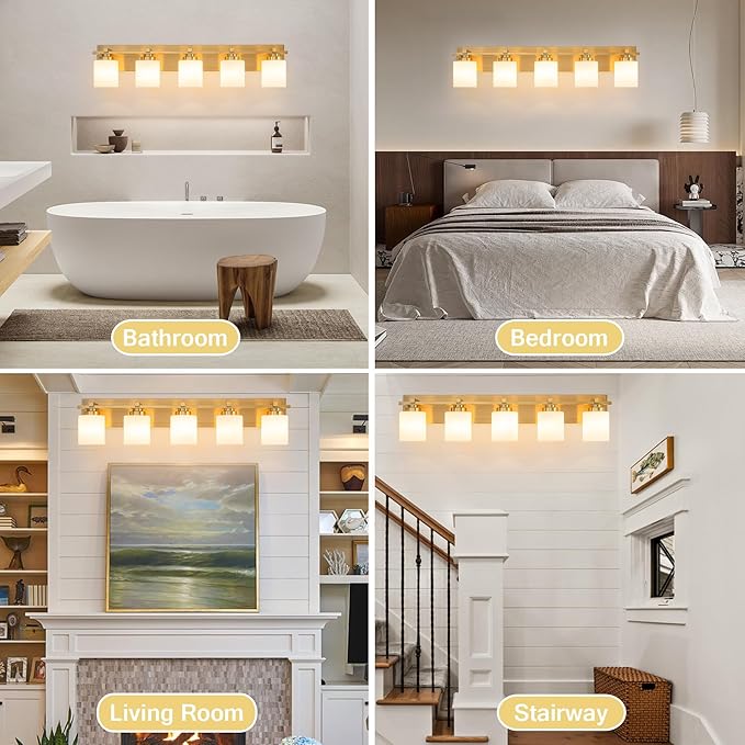 5 Light Modern Bathroom Light Fixtures Over Mirror, Brass Finish Vanity Lights for Bathroom Wall Sconces with Milky White Glass Shades, E26 Socket (Bulbs Not Included)