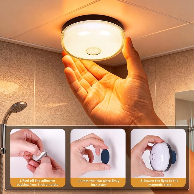 Loscarol 2-Pack Rechargeable Shower Light with Remote, 15 RGBW Color Changeable Shower Lamp Waterproof, Dimmable ＆Timer Ceiling Light, Wireless LED Mood Lighting for Bathroom, Closet, Bedroom, Party