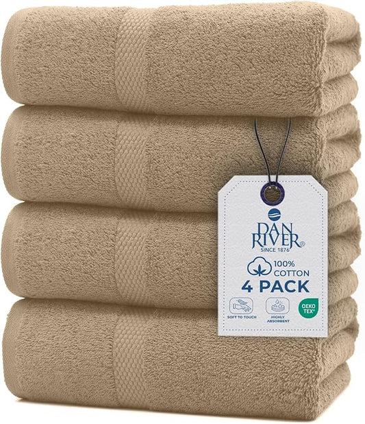 DAN RIVER Bath Towels Set of 4, 27 x 54 Inches, 100% Cotton, Larger & Lighter Weight, Quicker to Dry, Super Soft and Absorbent, Ideal Tan Bath Towels for Daily Use
