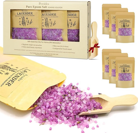 Lavender Bath Salts Gift Set 6-Pack - Relaxing Aromatherapy Spa Set for Women,80g Self-Care Gifts for Mom, Mother's Day Birthday Gifts with Natural Sea Salts