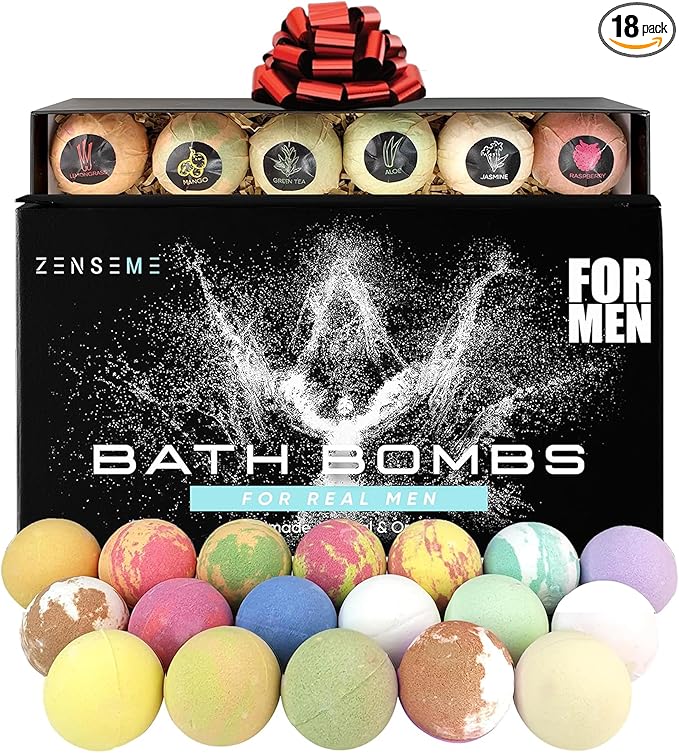Bath Bombs for Men, Gift Set of 18 Scented Organic Handmade Bath Bombs of 2.5 oz with Natural Essential Oils. Perfect for Boyfriend, Husband, Father or Friend, by ZenseMe