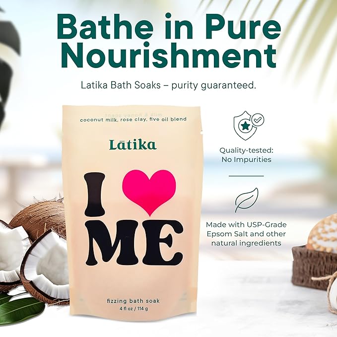 Latika Soak Set of 3 - I Heart Me Bath Soaks with Oats, Milk & Honey for Self-Love & Self-Care – for Relaxation, Muscle Recovery & Skin Nourishment – Stress Relief Soaking Salts