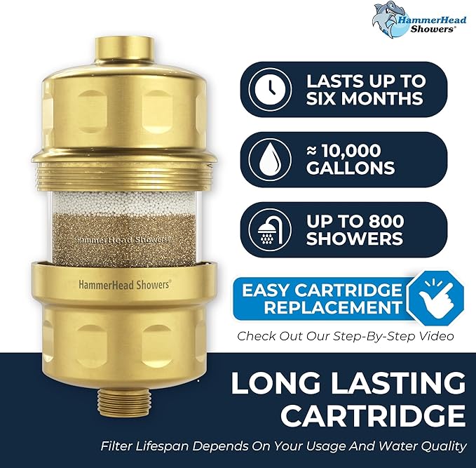 HammerHead Showers® Solid Metal Shower Head Filter – KDF 55 Shower Filter, High Pressure Universal Shower Filters to Remove Toxic Chemicals – Removes Chlorine and Heavy Metals – Brushed Gold