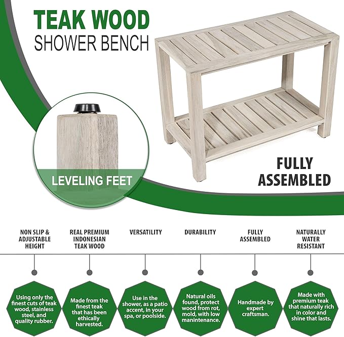 TeakCraft Gray Teak Shower Bench with Shelf 24 Inch for Bathroom, Spa - Fully Assembled, Shower Stool, Rustic Gray Finish, The Luni
