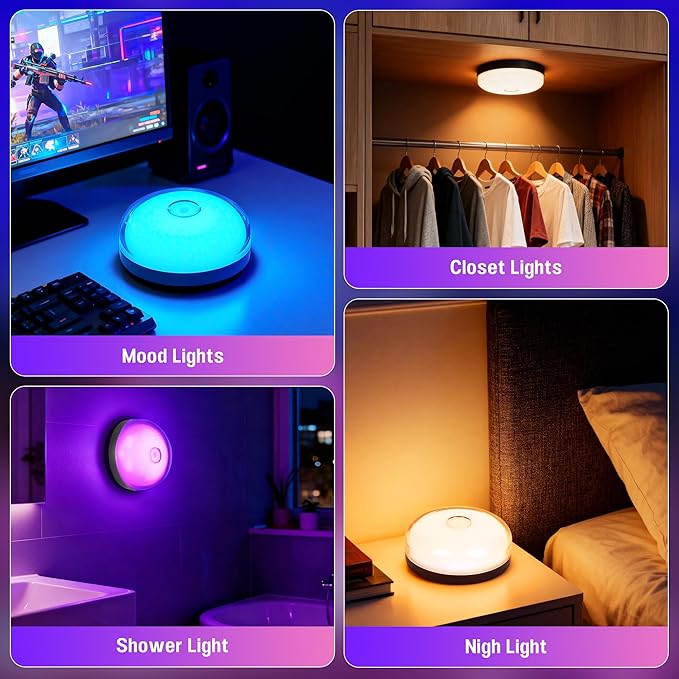 Loscarol 2-Pack Rechargeable Shower Light with Remote, 15 RGBW Color Changeable Shower Lamp Waterproof, Dimmable ＆Timer Ceiling Light, Wireless LED Mood Lighting for Bathroom, Closet, Bedroom, Party