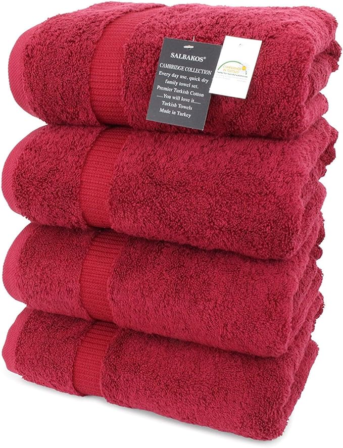 SALBAKOS 100% Turkish Cotton Bath Towel Set of 4 27x54 inch | Heirloom Quality | Hotel & Spa Collection | Ultra Soft, Super Absorbent, Long Lasting Bath Towels | Made in Turkey (Wine, 4 Bath Towels)