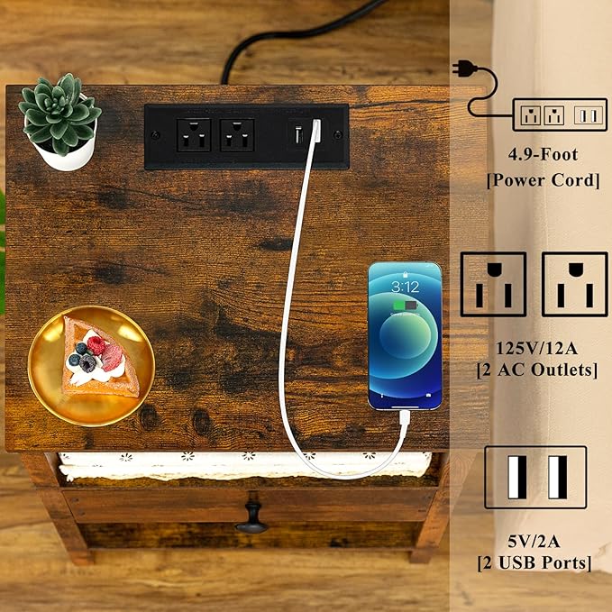 Lerliuo Nightstand with Charging Station and USB Ports, 3-Tier Storage End Table with Drawer Shelf, Night Stand for Small Spaces, Wood Bedside Table for Living Room, Bedroom - Retro Brown…