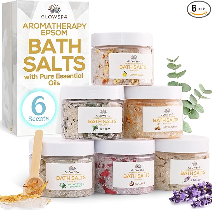 Bath Salts Gift Set for Women – Pack of 6 Scents: Lavender, Rose, Chamomile, Eucalyptus, Coconut, Orange – Epsom Salt Gift Set, Bath Crystals for Women Relaxing, Self Care Gift for Mom