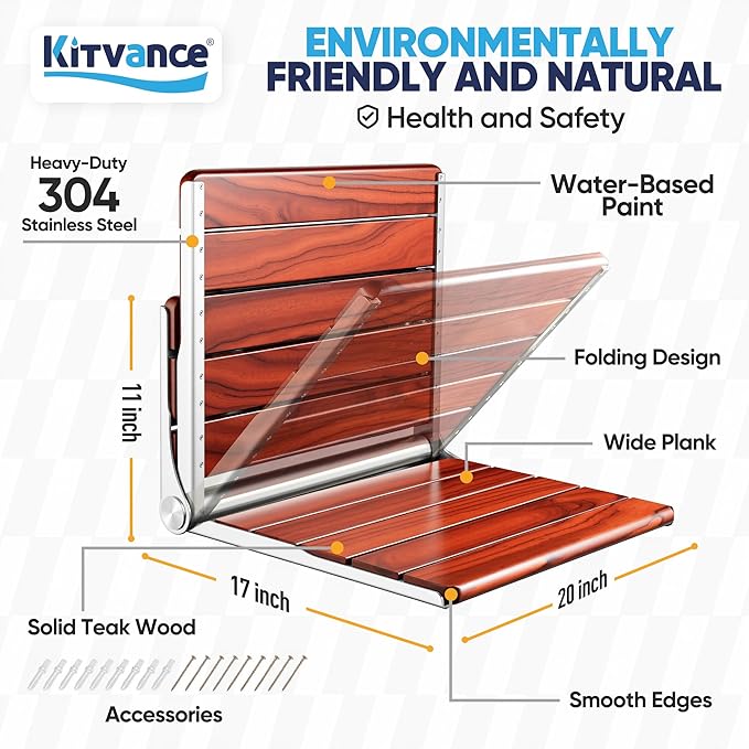 Upgraded 20" ADA Compliant Folding Teak Shower Seat Wall Mounted - Larger Teak Shower Bench, Home Care Folding Shower Seat for Inside Shower, Wall Mount Shower Chair Shower Stool, Max Load 400lb