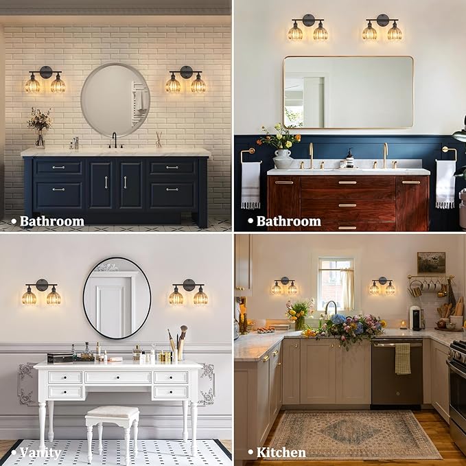 Bathroom Light Fixtures, 2-Light Black Vanity Wall Light Over Mirror with Amber Tulip Glass Shade for Bedroom Living Room (Bulb Not Included)