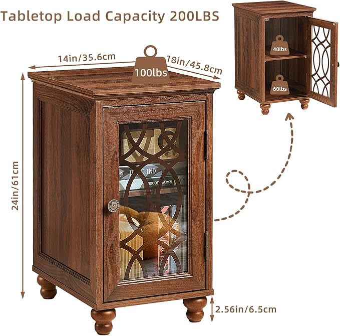 Narrow Side Table Set of 2 with Glass Door, 18 x 14'' Night Stand with Adjustable Shelf Storage Cabinet Organizer, Bedside End Tables Wood Nightstand for Small Spaces Living Room Bedroom