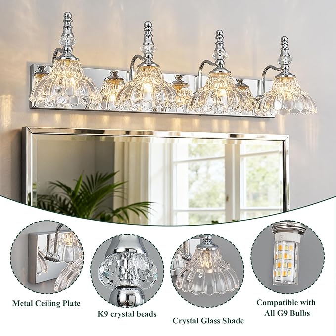 Vintage Bathroom Vanity Light, 4-Light Chrome Vanity Lighting Fixture with Flower Glass Shade, Bathroom Lighting Fixtures Over Mirror