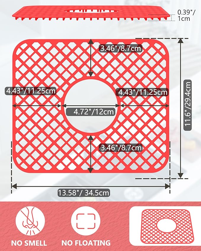2 Pack Silicone Sink Protector for Kitchen Sink, Lozenge Pattern 13 x 11 inches Sink Grid Mat Silicone Protectors, Center Drain, Red