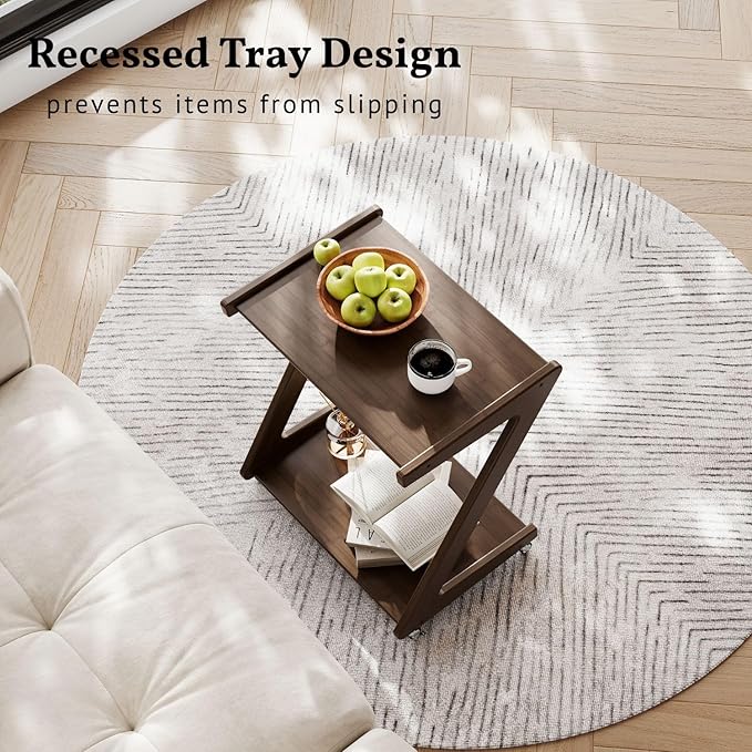 ZIYOO Solid Wood Rolling End Table with Lockable Wheels, Bamboo Couch Side Table That Slides Under Sofa/Bed, Mobile Snack Table for Living Room, Bedroom, Small Spaces, Walnut