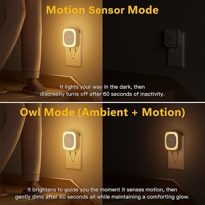 2 Pack Plug in Night Light with Motion Sensor & Dusk to Dawn Sensor, 3 Sensor Modes, Dimmable Night Lights Plug into Wall, Warm White Nightlight for Kids, Bathroom, Bedroom, Kitchen, Indoor