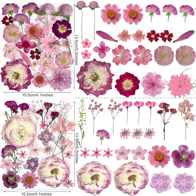 148PCS Purple Hot Pink Dried Pressed Flowers with Butterfly Stickers - YouthBro Real Nature Flowers Set for Resin DIY Jewelry Making Nail Card Scrapbook Art Craft Floral Decors